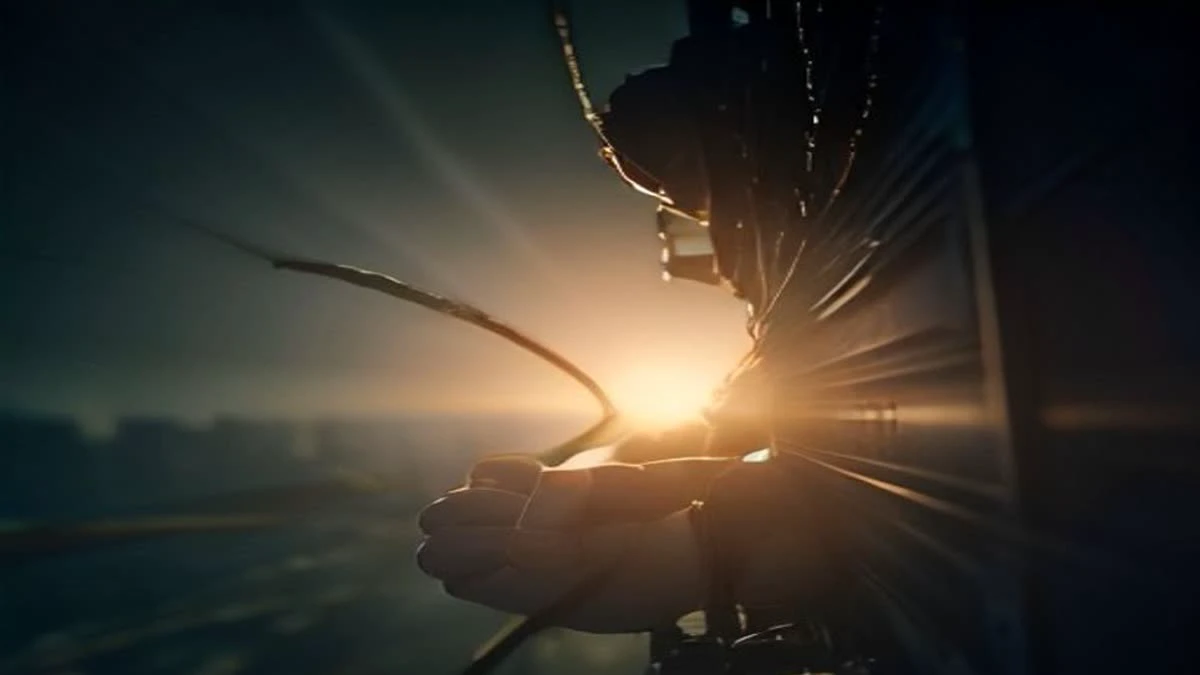 wide establishing shot of a technician plugging a network cable into a rack of equipment, hands in focus, soft morning light