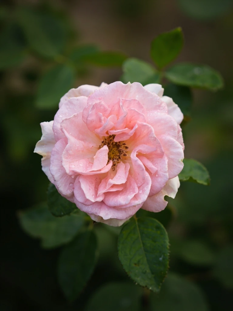 A heritage Bourbon rose in full bloom on the bush, photographed in morning light at the Willamette Valley farm.
