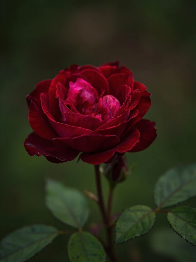 A deep crimson Bourbon rose in full bloom.