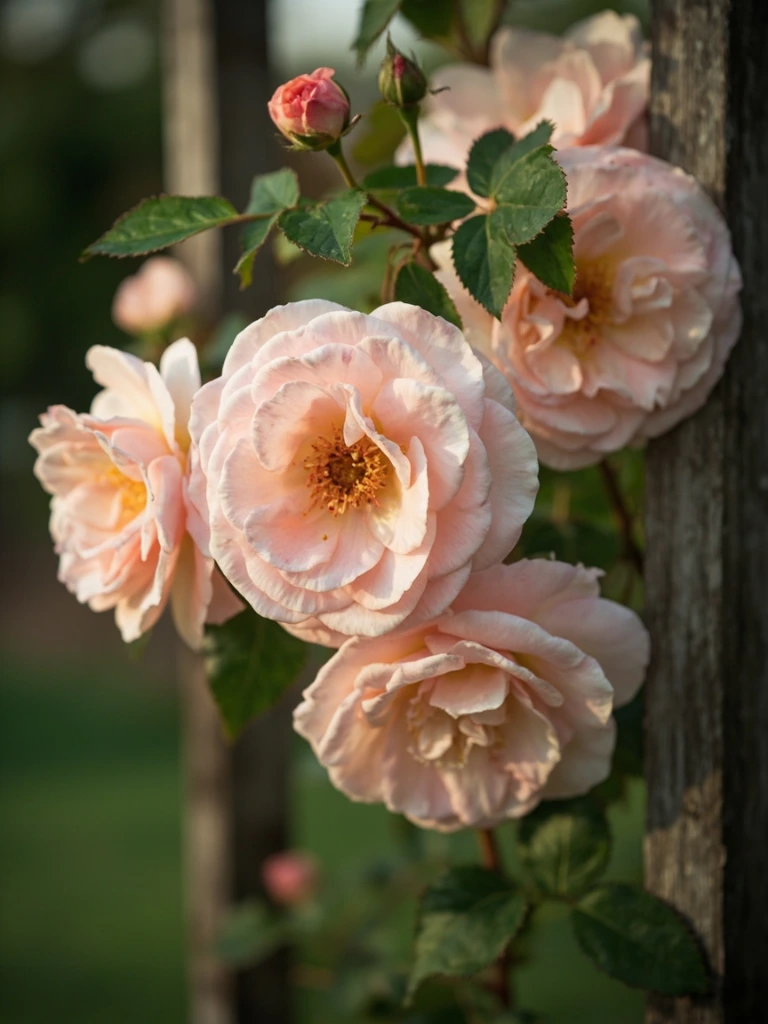 'Madame Alfred Carrière' climbing noisette rose with pale blush blooms.