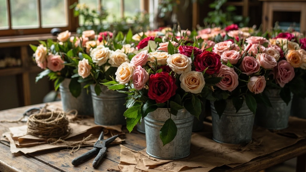Heritage rose stems arranged in zinc pails on a florist's workshop table